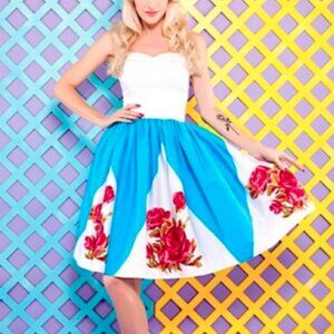 Pinup Girl Couture Classic Swing Dress Blue and White with Rose Border XL NWOT